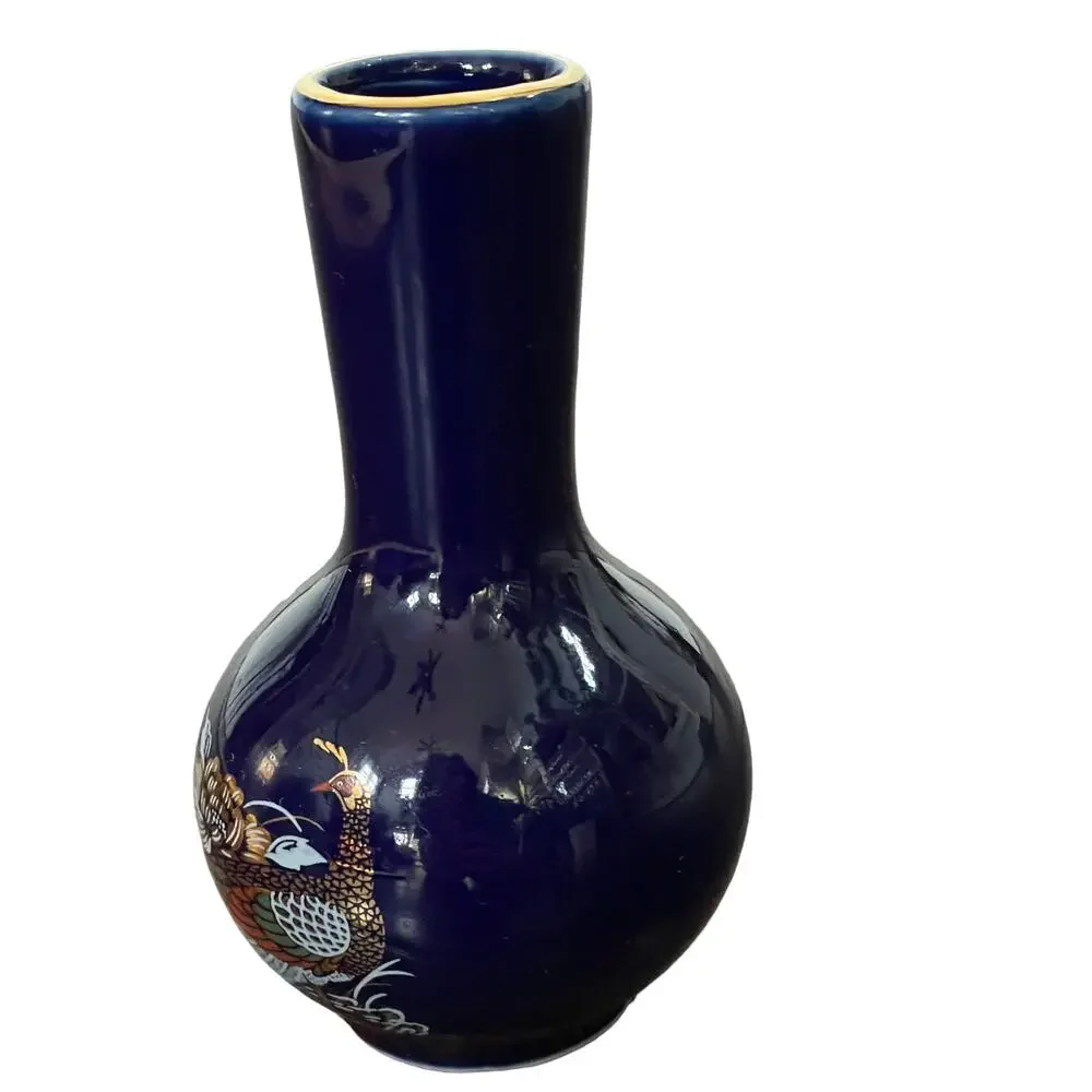 Cobalt Blue Bud Vase Porcelain Hand Painted Peacock Oriental Gold Rim Small READ